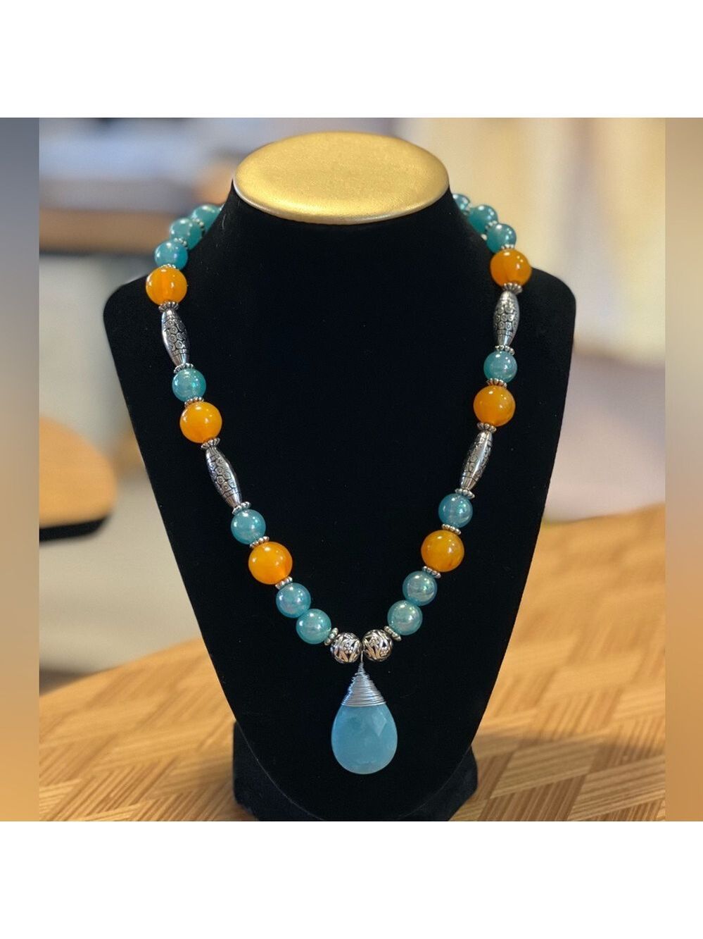 Bohemian Orange and Blue Beaded Necklace with Teardrop Pendant (Handmade)